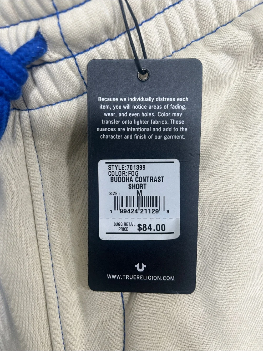 True Religion Cream Shorts with Blue Drawstring and Trim